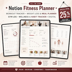 Puede incluir: Un planificador de fitness Notion digital con una oferta especial del 25% de descuento. El planificador incluye rastreadores de entrenamiento, pérdida de peso, comidas, gimnasio, bienestar y hábitos. La interfaz muestra información de entrenamiento, panel de fitness y bienestar.