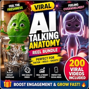以下が含まれることがあります： 「Viral AI Talking Anatomy Reel Bundle」のプロモーション用グラフィック。水の中の漫画の葉のキャラクター、ストレスを感じている漫画のキャラクター、そして「200 Viral Videos Included」というテキストが表示されています。このバンドルは、TikTok、Reels、Shortsに最適であると宣伝されています。