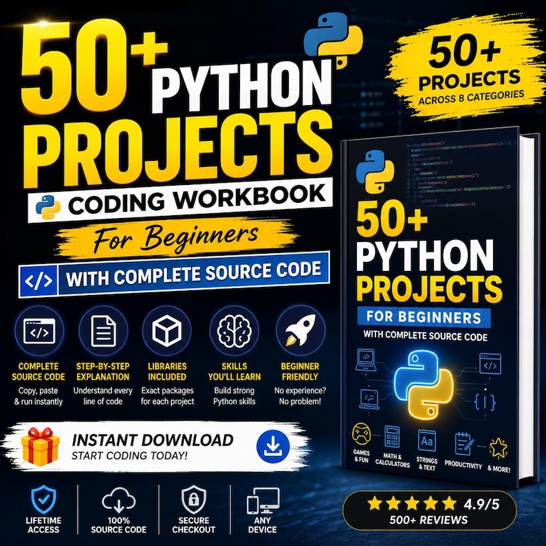 Más de 50 proyectos de Python para principiantes / Cuaderno de ejercicios de programación en Python con código fuente / Aprende Python creando proyectos reales / Práctica de programación imagen 1