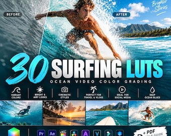 30 Surfing LUTs Bundle, Ocean Video LUTs, Surf Color Grading Presets, Beach & Sea LUTs, Travel Video Editing, CUBE LUT Pack