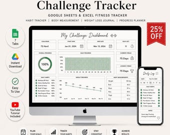 75 Soft & 75 Hard Challenge Tracker Spreadsheet | Fitness Weight Loss Journal | Google Sheets Habit Tracker | Body  Progress Planner