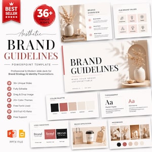 Peut inclure: Un modèle PowerPoint pour des directives de marque comprenant plus de 36 diapositives uniques. La présentation inclut des sections pour l'aperçu de la marque, les valeurs, les palettes de couleurs, la typographie, les logos et des planches d'ambiance.