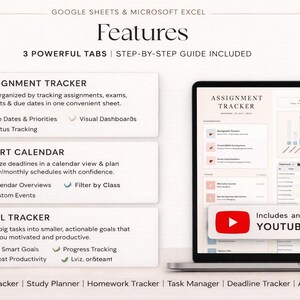 May include: A laptop displays a spreadsheet with an assignment tracker, smart calendar, and goal tracker. The image includes text that says "Features" and "Includes an in-depth YouTube tutorial."