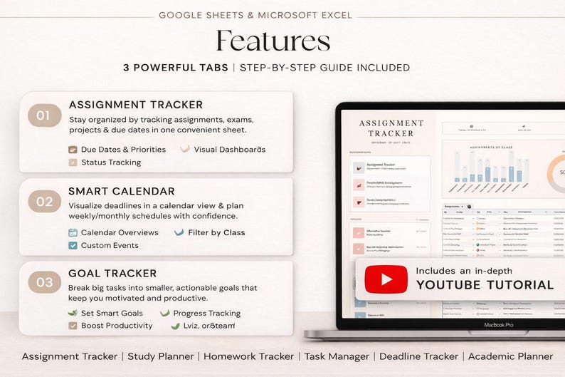 May include: A laptop displays a spreadsheet with an assignment tracker, smart calendar, and goal tracker. The image includes text that says "Features" and "Includes an in-depth YouTube tutorial."