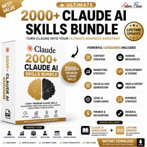 May include: A digital product box labelled 2000+ Claude AI Skills Bundle featuring a split gold and black brain graphic. The text includes categories like content creation, marketing, and human resources, plus a bonus Claude AI usage guide.