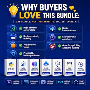 May include: An advertisement for an online course bundle, with the headline "WHY BUYERS LOVE THIS BUNDLE." The image highlights benefits and course topics such as Python, Data Science, and AWS Training. The text also mentions "Beginner-friendly learning."