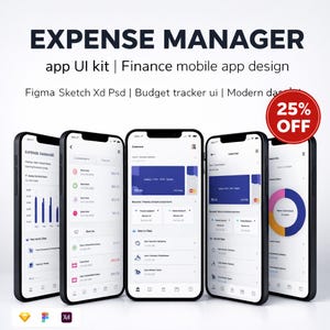May include: Five smartphones displaying a finance mobile app UI kit. The app interface shows expense tracking, budget management, and modern dashboard designs. The image includes the text "EXPENSE MANAGER" and a "25% OFF" badge.