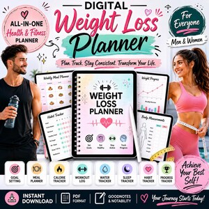 Könnte beinhalten: Digitaler Gewichtsverlust-Planer mit dem Text "Weight Loss Planner" und Symbolen für Zielsetzung, Essensplanung und mehr. Der Planer ist für Männer und Frauen konzipiert und enthält einen Gewohnheitstracker und einen Fortschrittstracker. Das Bild enthält auch den Text "Sofort-Download".