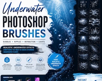 Underwater Photoshop Brushes, Realistic Bubble & Water Ripple Brushes, Refraction Light Effects, Ocean ABR Brush Set, Digital Download