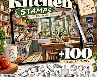 100+ Procreate Kitchen Stamps, Kitchen Brush Set, Cooking Stamps, Food & Utensil Brushes, Chef Procreate Brushes, Digital Download