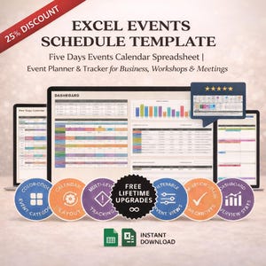 May include: An Excel Events Schedule Template displayed on multiple screens. The template includes a five-day events calendar spreadsheet and event planner. Features include color-coded event categories, calendar layout, multi-level tracking, filterable event views, and dashboard overview stats.