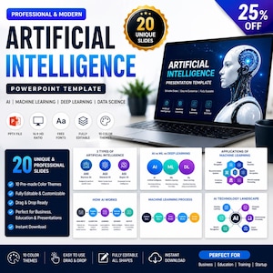 May include: A laptop displays an "Artificial Intelligence" PowerPoint template with a futuristic robot graphic. The presentation includes 20 unique slides, pre-made color themes, and is fully editable. The image also highlights AI, machine learning, and data science.
