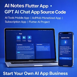 Op de afbeelding: Een laptop en smartphone tonen een AI-app-interface op een blauwe achtergrond. De laptop toont tools voor samenvatten, vertalen en sentimentanalyse. De telefoon toont een spraak-naar-tekst-functie. Bovenin staat de tekst "AI Notes Flutter App".