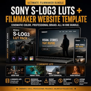 Puede incluir: Un paquete de productos digitales que incluye LUTs Sony S-LOG3 y una plantilla de sitio web para cineastas. La imagen muestra una caja con una cámara, un portátil y un smartphone con un sitio web, y cuatro imágenes de muestra tituladas Moody Noir, Vibrant Travel, Clean Commercial y Warm Portrait, con texto que detalla funciones como descarga instantánea y acceso de por vida.