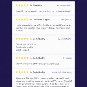 K&ouml;nnte beinhalten: Ein Screenshot von Kundenbewertungen mit dunkelblauem Hintergrund. Die Bewertungen beziehen sich auf ein Softwareprodukt und enthalten Bewertungen und Kommentare zu Flexibilit&auml;t, Kundensupport und Codequalit&auml;t. Die Bewertungen sind positiv.