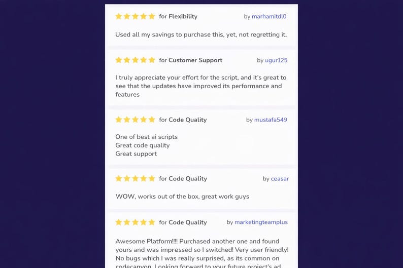 K&ouml;nnte beinhalten: Ein Screenshot von Kundenbewertungen mit dunkelblauem Hintergrund. Die Bewertungen beziehen sich auf ein Softwareprodukt und enthalten Bewertungen und Kommentare zu Flexibilit&auml;t, Kundensupport und Codequalit&auml;t. Die Bewertungen sind positiv.