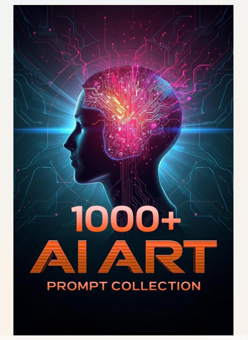 May include: Digital artwork showing a human head silhouette with a circuit board design inside. The text reads "1000+ AI ART PROMPT COLLECTION" in orange and white. The background is dark blue with glowing lines.