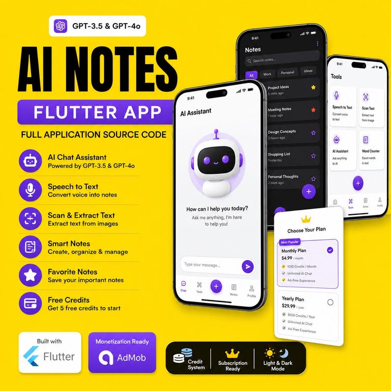 AI Notes Flutter-app broncode, AI-chatbot-app, GPT-4o-app, AdMob afbeelding 1