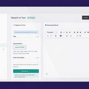 K&ouml;nnte beinhalten: Screenshot einer Website-Oberfl&auml;che f&uuml;r die Speech-to-Text-Transkription. Die Oberfl&auml;che enth&auml;lt Optionen zum Hochladen von Medien, zum Hinzuf&uuml;gen eines Titels und zum Beschreiben des Audios. Die Website hat einen wei&szlig;en Hintergrund mit einem dunkelblauen Rand.