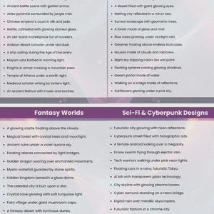 May include: A list of fantasy art concepts, including a glowing castle above the clouds, a magical forest, and a celestial city built upon a star. Other concepts include a fantasy desert and a mythical forest path.