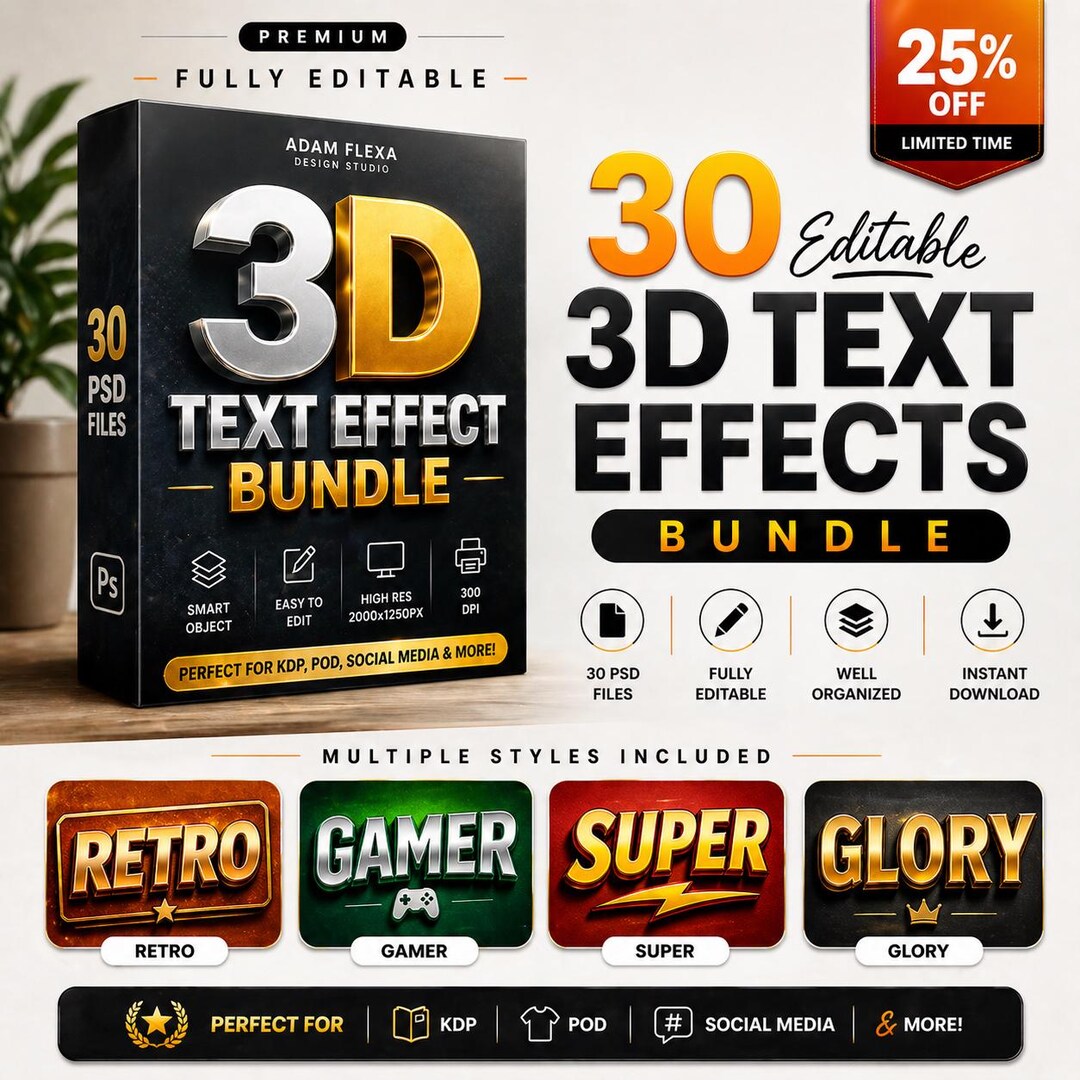 30 Editable 3D Text Effect Bundle | PSD Smart Object Text Styles | High ...