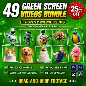 Può includere: Grafica promozionale per un pacchetto di video con schermo verde. L'immagine presenta il testo "49 Green Screen Videos Bundle" con un badge di sconto del 25%. Include vari video clip, come robot, animali e una torta. È presente anche il testo "Drag-and-Drop Footage".