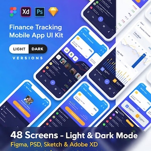 May include: A mobile app UI kit for finance tracking, showcasing light and dark versions across 48 screens. The design features a blue and white color scheme, with icons and data visualizations. Includes Figma, PSD, Sketch & Adobe XD.