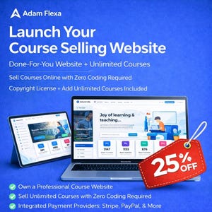 May include: A promotional image with a blue background features a laptop and tablet displaying a website interface. Text promotes launching a course selling website, with a 25% off tag. The text includes "Done-For-You Website" and "Sell Courses Online".