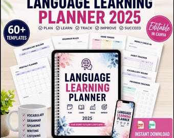 Editable Language Learning Planner 2025, Vocabulary, Grammar, ESL Study (Canva Template)