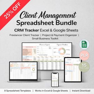 Puede incluir: Imagen promocional de un "Client Management Spreadsheet Bundle" con un 25% de descuento. La imagen muestra hojas de cálculo en un portátil, monitor, tableta y teléfono. Incluye CRM tracker, organizador de proyectos y kit de herramientas para pequeñas empresas.