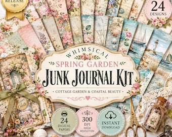 Whimsical Spring Garden Junk Journal Kit | Cottagecore Floral Digital Papers | Coastal Beach Scrapbook Paper Pack | Vintage Ephemera PNG
