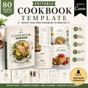 Könnte beinhalten: Kochbuchvorlage mit dem Text "My Cookbook" und "Favorite Recipes" auf dem Cover. Die Vorlage enthält Rezeptseiten, Kapitelüberschriften und einen Essensplaner. Das Design ist hellgrün und weiß mit Bildern von Essen.