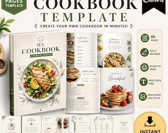 Editable Cookbook Template Canva: 80-Page Recipe Book, Journal, Planner (Digital Download)