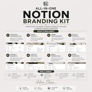 May include: A white and beige graphic with the text "ALL-IN-ONE NOTION BRANDING KIT." The image details a kit with templates for freelance dashboards, design contracts, brand questionnaires, project proposals, and more. It includes instructions on how to use the kit.