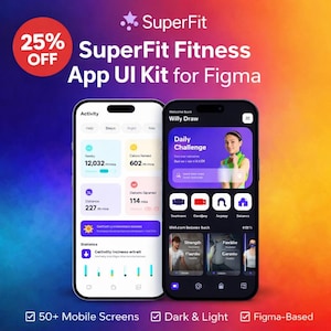 May include: A promotional image for the SuperFit Fitness App UI Kit for Figma, featuring two smartphones displaying the app's interface. The app's design includes dark and light modes, with over 50 mobile screens. The image also highlights a 25% discount.