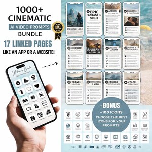Op de afbeelding: Een smartphone toont een digitale productbundel met de tekst "1000+ CINEMATIC AI VIDEO PROMPTS." De bundel bevat 17 gekoppelde pagina's en meer dan 100 pictogrammen. Het scherm van de telefoon toont verschillende categorie&euml;n zoals Epic Fantasy, Horror en Travel.