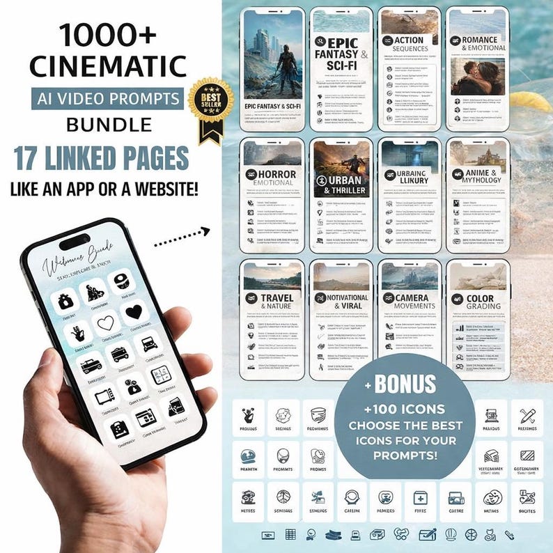 Op de afbeelding: Een smartphone toont een digitale productbundel met de tekst "1000+ CINEMATIC AI VIDEO PROMPTS." De bundel bevat 17 gekoppelde pagina's en meer dan 100 pictogrammen. Het scherm van de telefoon toont verschillende categorie&euml;n zoals Epic Fantasy, Horror en Travel.