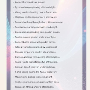 May include: A list of historical concept art ideas on a purple and white background. The text includes scenes like an ancient Roman city at sunset, a Viking warrior, and a medieval castle siege.