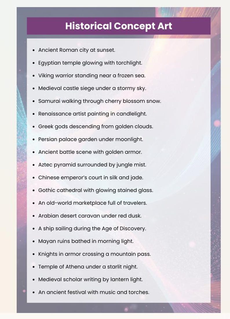 May include: A list of historical concept art ideas on a purple and white background. The text includes scenes like an ancient Roman city at sunset, a Viking warrior, and a medieval castle siege.
