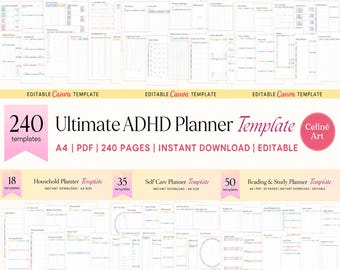 Ultimate ADHD Planner Bundle | 240+ Canva Editable Pages | Neurodivergent Planner, Wellness Tracker, Digital Planner Printable