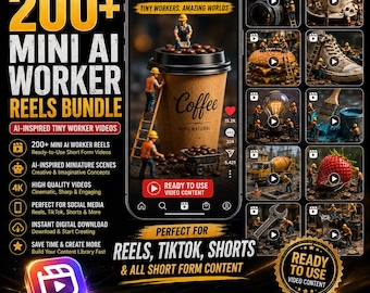 May include: A digital marketing graphic for a 200+ Mini AI Worker Reels bundle. The image features a smartphone displaying a coffee cup with miniature construction workers, surrounded by various thumbnails of tiny workers on objects like a burger and lightbulb.
