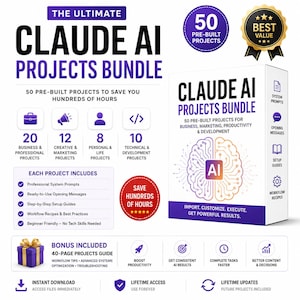Bundel met 50 Claude AI-projecten | Voorgebouwde Claude-workflows | AI-prompts voor business, marketing, programmeren, contentcreatie en productiviteit