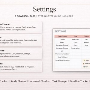 May include: A digital planner interface with the title "Settings" and a table displaying class, type, priority, and status. The interface includes tabs for class/course, type, priority, and status, with a step-by-step guide.