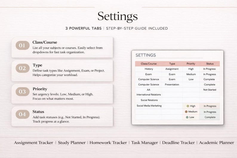 May include: A digital planner interface with the title "Settings" and a table displaying class, type, priority, and status. The interface includes tabs for class/course, type, priority, and status, with a step-by-step guide.