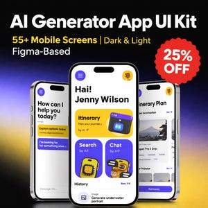 Ai Generator App UI Kit | 55+ Mobile Screens | Figma UX Design System | Dark Light Mode UI Kit | Ai App Templates | Saas UiI Kit