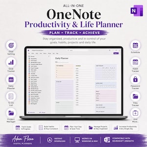 May include: A digital OneNote productivity and life planner displayed on a laptop screen. The interface features sections for goal setting, daily planning, habit tracking, and project management, surrounded by purple icons and descriptive text.