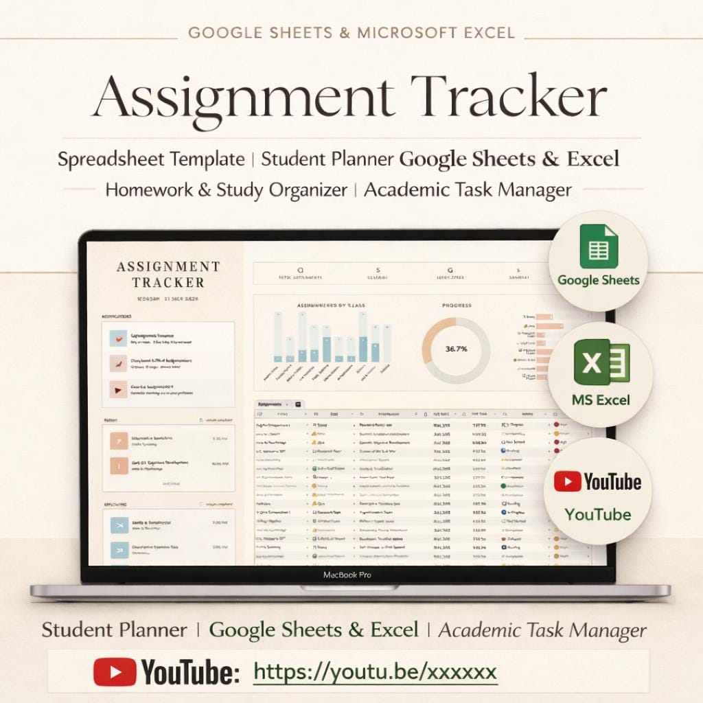 Homework Spreadsheet Assignment Tracker Spreadsheet Template | Student Planner Google Sheets ...