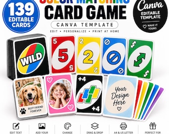 139 Editable Color Matching Game Cards Canva Template, Custom Playing Card Template, Personalized Photo Family Game, Printable Card Game