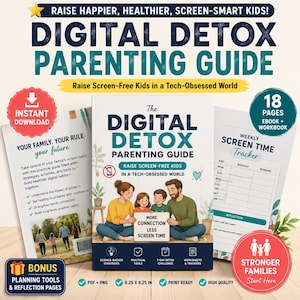 Op de afbeelding: Een ouderschapsgids getiteld "Digital Detox Parenting Guide" met de slogan "Breng schermvrije kinderen groot in een tech-geobsedeerde wereld." De omslag toont een familie-illustratie en bevat een werkboek, planningstools en een wekelijkse schermtijdtracker. Het boek meet 15,88 x 23,5 cm.