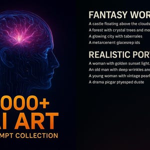 May include: Digital artwork showing a blue outline of a human head with a pink glowing brain. Text reads "1000+ AI ART PROMPT COLLECTION". Lists of fantasy and realistic art prompts are also included on a dark background.